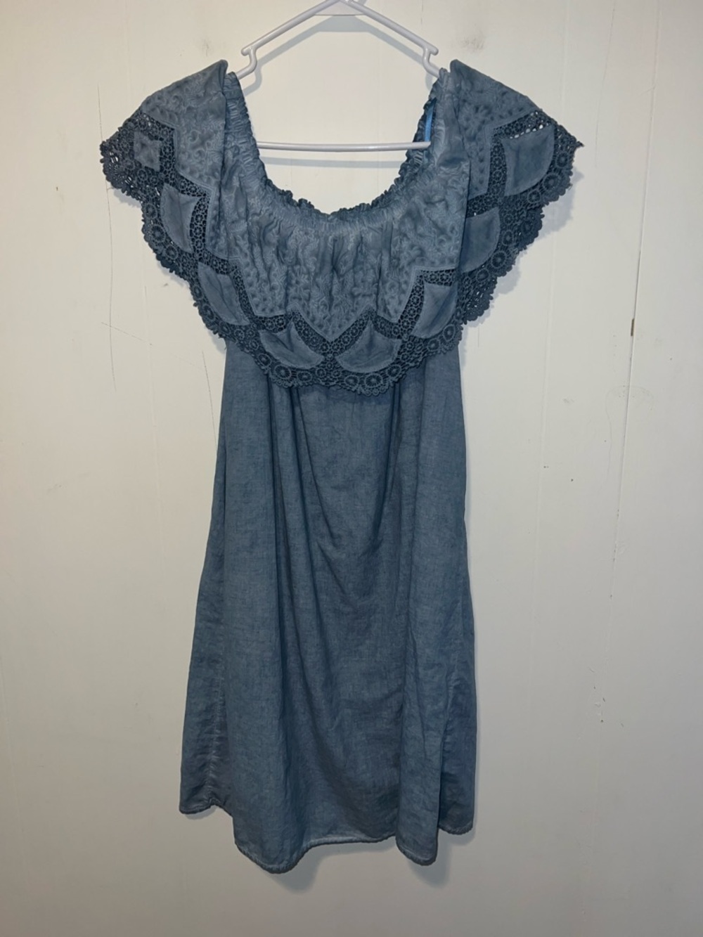 Knox Rose Blue Chambray Off Shoulder Dress Lined Boho Embroidered Eyelet 0414262